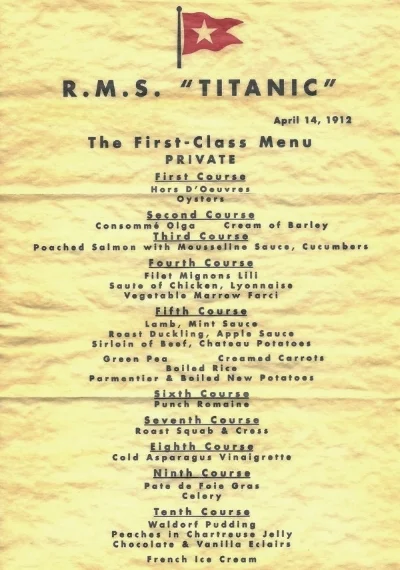 Titanic first class menu Foto do menu da primeira classe do Titanic, datando de 14 de abril de 1912. São listados 10 pratos, em ordem, com o punch romaine como sexto prato, entre os pratos principais mais pesados e cheios de carne.